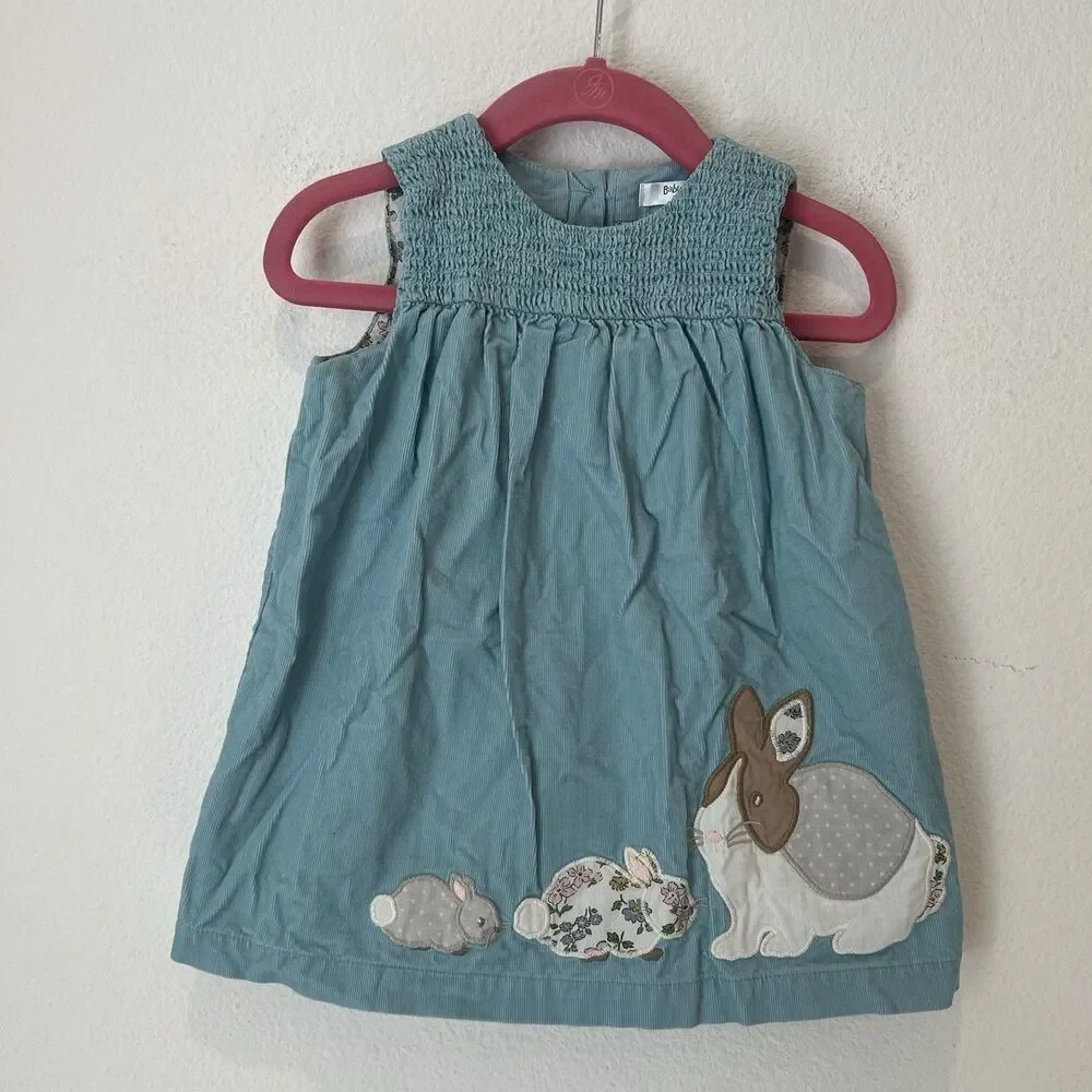 Baby Boden 6-12 Months Blue Corduroy Bunny Dress Floral Linings Jumper Smocked